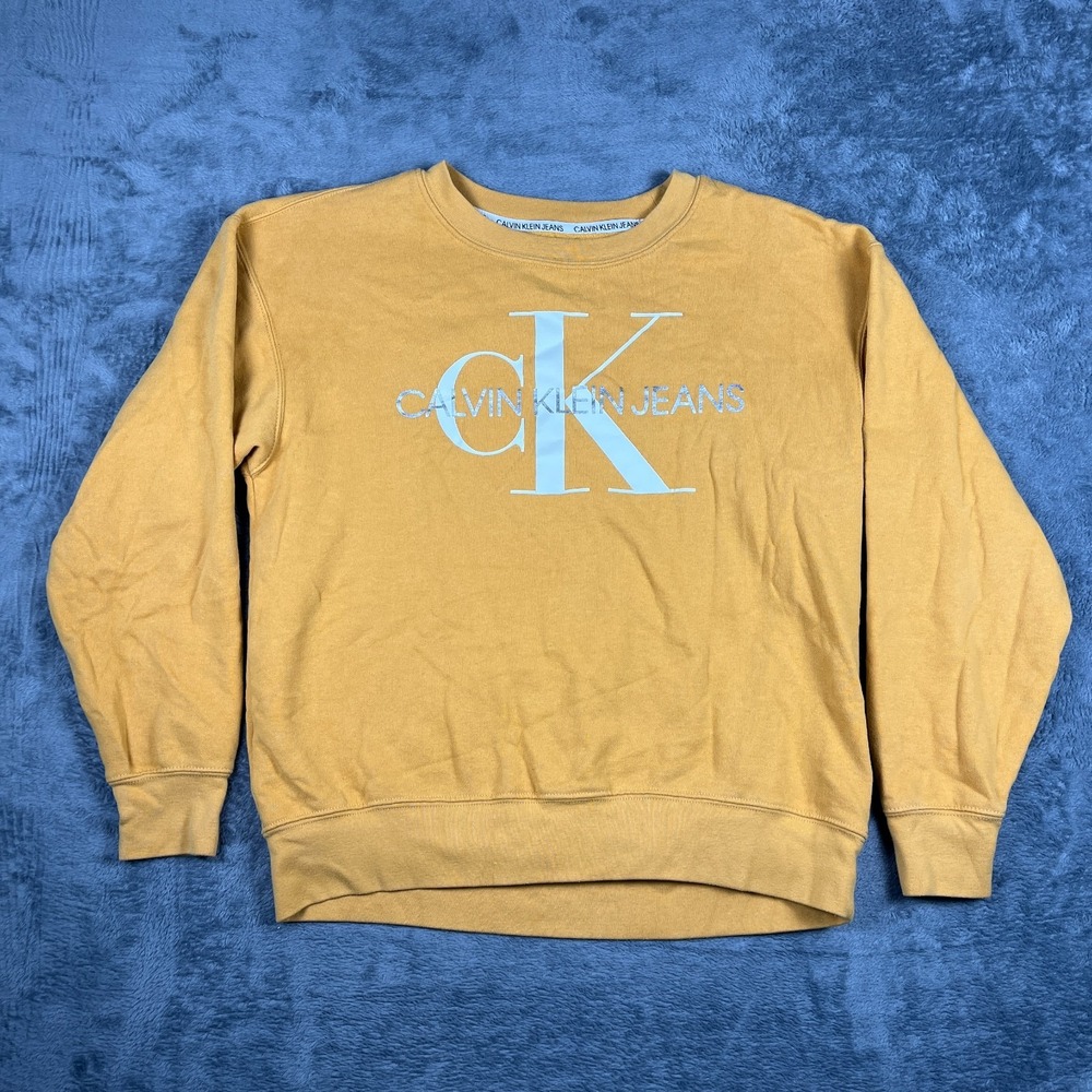 Calvin Klein Jeans Sweatshirt Mens Small Mustard Yellow Spell Out Fleece Lined